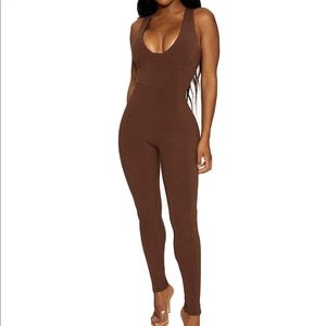 Naked wardrobe snatched bustier jumpsuit in chocolate brown